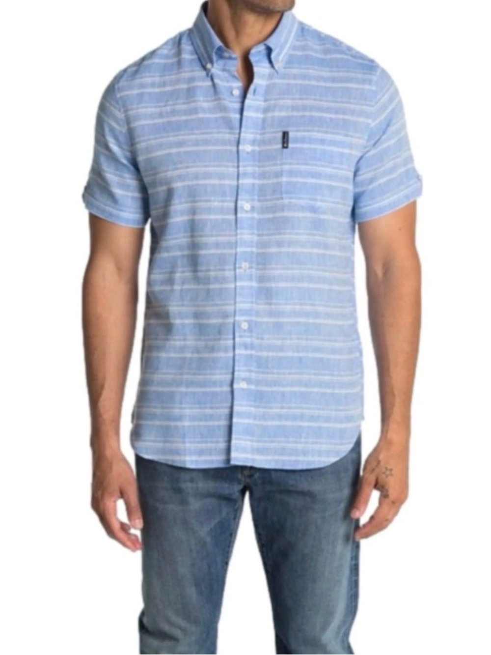 BEN SHERMAN | Light Blue Short Sleeve Linen-Blend Button Down Shirt size XL